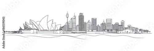 Detailed black and white line art Sydney city skyline with Opera House and modern skyscrapers in minimalist architectural vector style illustration