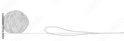 Minimalist continuous one line art drawing of ball of yarn with extended string in flat vector style on white background for knitting and craft concepts
