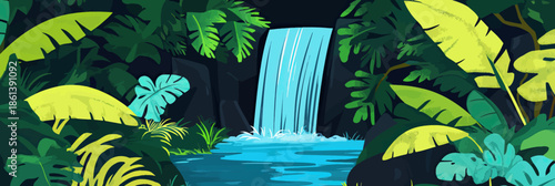 Tropical jungle waterfall flowing into clear blue pool surrounded by lush green and yellow foliage in minimalist flat vector style illustration