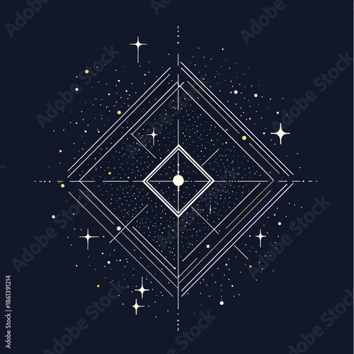 Abstract geometric diamond shape with starry night sky constellation design and cosmic points in minimalist vector style illustration for space and technology theme