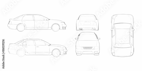 Detailed line drawings showcasing a sedan vehicle from multiple perspectives