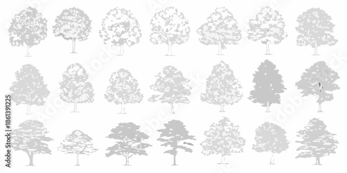 Various silhouetted tree shapes displayed in a grid arrangement on a white background