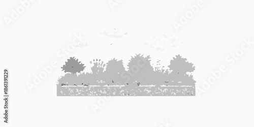 A grayscale landscape depicting a line of trees and a textured ground
