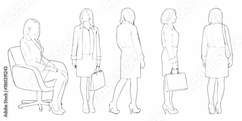 Fashion design sketch featuring women in various poses and outfits