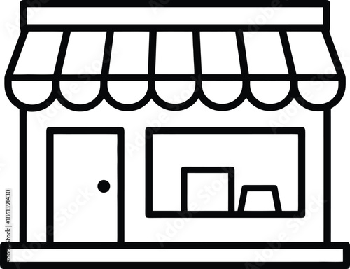 Simple line drawing of a storefront with an awning and display window