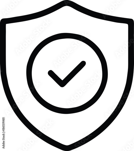 A simple black and white line drawing of a shield with a checkmark