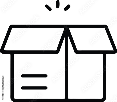 Simple outline of an open cardboard box with a few sparkles above