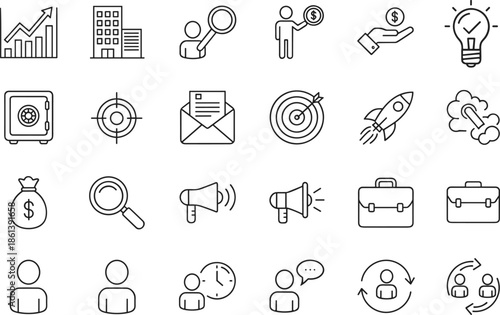 Professional business icon set with financial growth charts rocket startup launch marketing megaphone dollar money bag and corporate office building symbols for digital web presentations.