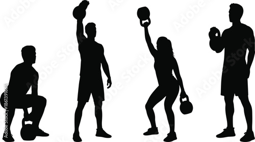 Kettlebell workout silhouette vector set showing dynamic poses, black shapes, fitness movement concept, isolated design, expressive posture, strength and training illustration, exercise variety 