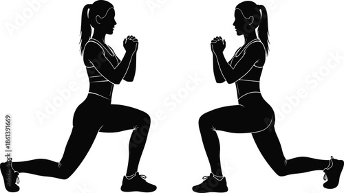 Lunge exercise silhouette vector set showing proper form, black shapes, fitness movement concept, isolated design, expressive posture, strength and lower body training illustration on white background