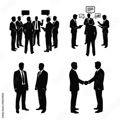Business professionals interacting and discussing in a modern office environment from a frontal viewpoint