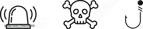 Security and danger line icons set featuring emergency siren alert skull and crossbones warning and sharp fishing hook symbol