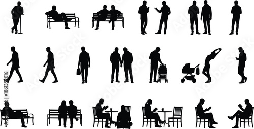 People silhouettes set showing walking sitting talking working waiting families couples business meeting outdoor activities isolated black vector illustration design collection lifestyle icons concept