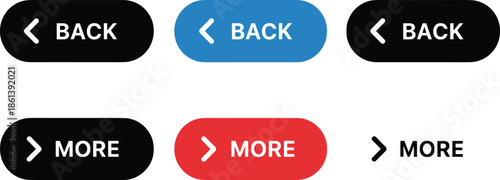 Set of back and more web navigation buttons with arrows in blue red and black colors for website interface design