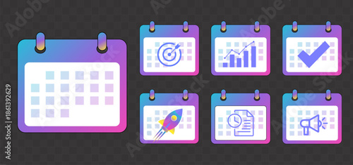 Gradient calendar icon set, modern planner schedule symbols with target analytics check rocket document and megaphone isolated on transparent background