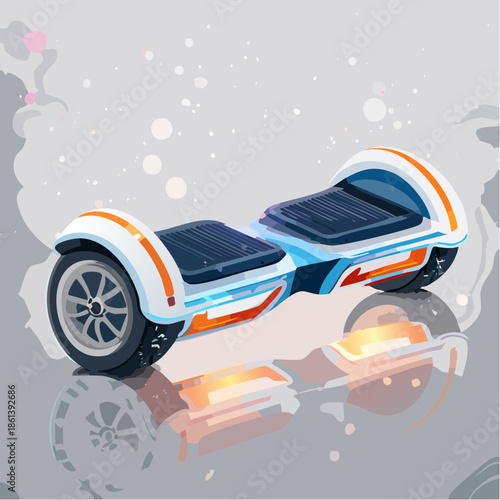 Hoverboard on reflective surface with orange accents