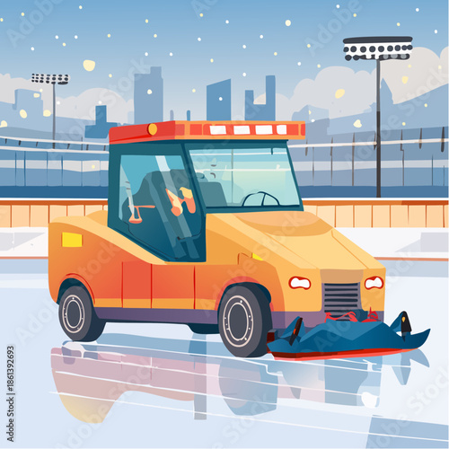 Ice resurfacing machine on frozen rink