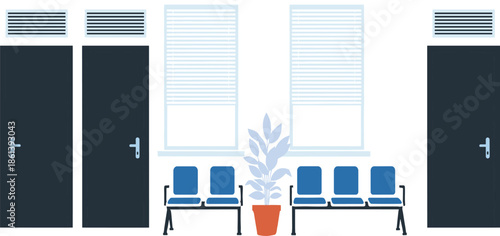 Flat vector illustration of a modern hospital waiting room featuring blue chairs dark doors windows with blinds and plants