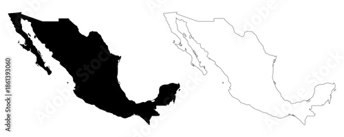 Mexico Vector Map in Outline and Flat Shape Silhouette