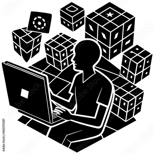 Minimalist Vector Illustration of Person Working on Laptop