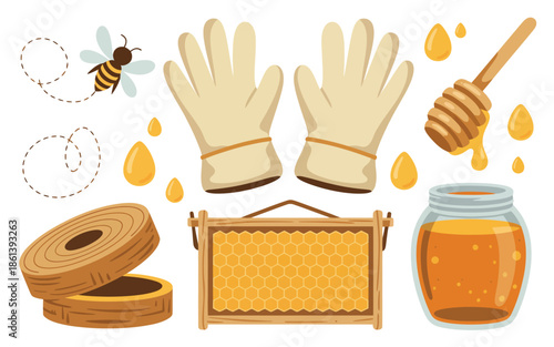 Beekeeping Equipment Set with Protective Gloves Honey Dipper and Jar Icons