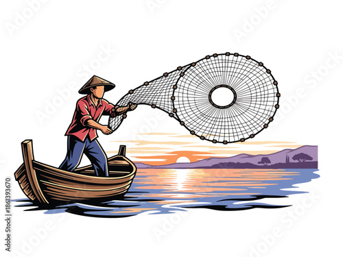 Modern vector illustration of traditional fisherman casting net from wooden boat at sunrise with calm sea and distant coast, cultural fishing lifestyle and sustainable fishery concept