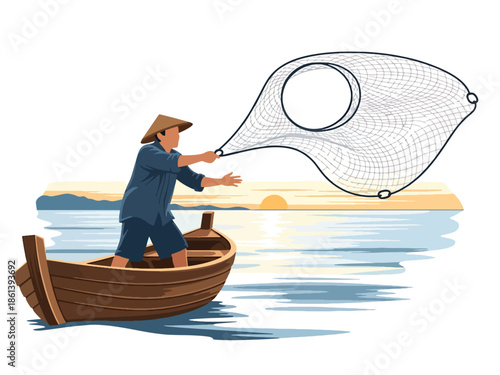 Modern vector illustration of traditional fisherman casting net from wooden boat at sunrise with calm sea and distant coast, cultural fishing lifestyle and sustainable fishery concept
