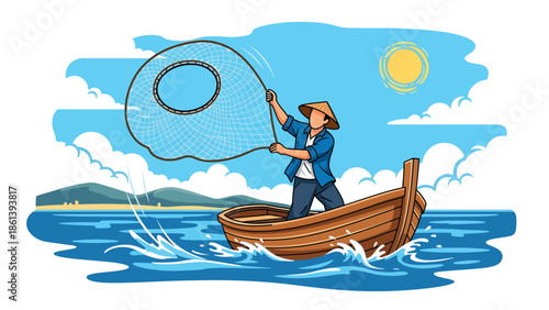 Modern vector illustration of traditional fisherman casting net from wooden boat at sunrise with calm sea and distant coast, cultural fishing lifestyle and sustainable fishery concept