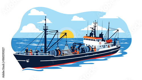 Modern vector illustration of large commercial fishing vessel with crew working on open ocean, industrial fishery operation and global seafood supply concept