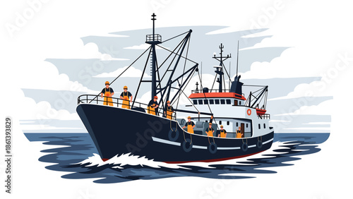 Modern vector illustration of large commercial fishing vessel with crew working on open ocean, industrial fishery operation and global seafood supply concept