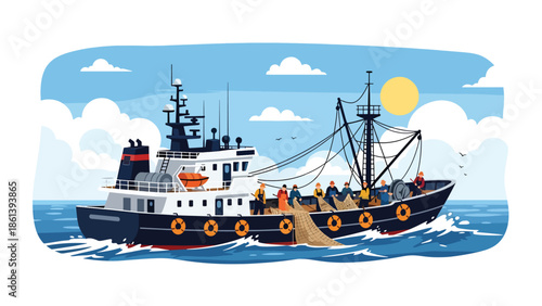 Modern vector illustration of large commercial fishing vessel with crew working on open ocean, industrial fishery operation and global seafood supply concept