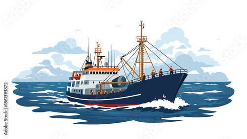 Modern vector illustration of large commercial fishing vessel with crew working on open ocean, industrial fishery operation and global seafood supply concept