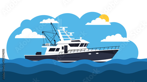 Modern vector illustration of advanced fishing boat with radar and navigation equipment sailing on open sea, modern fishery technology and maritime innovation concept