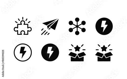 Set of Creative Business and Innovation Icons Featuring Puzzle, Paper Plane, and Energy Symbols