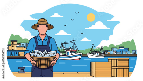 Modern vector illustration of fisherman holding fresh fish basket on harbor dock with boats and coastal town background, small scale fishing economy and seafood trade concept