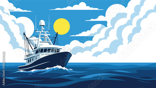 Modern vector illustration of advanced fishing boat with radar and navigation equipment sailing on open sea, modern fishery technology and maritime innovation concept
