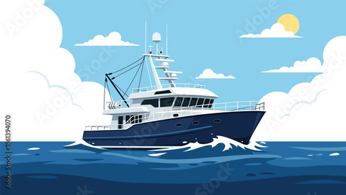 Modern vector illustration of advanced fishing boat with radar and navigation equipment sailing on open sea, modern fishery technology and maritime innovation concept