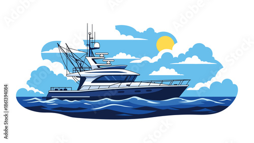 Modern vector illustration of advanced fishing boat with radar and navigation equipment sailing on open sea, modern fishery technology and maritime innovation concept