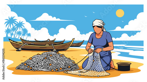 Modern vector illustration of traditional fisherman repairing fishing nets on sandy shore with boats and palm trees, heritage fishing culture and coastal livelihood concept
