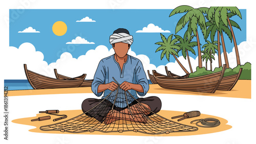 Modern vector illustration of traditional fisherman repairing fishing nets on sandy shore with boats and palm trees, heritage fishing culture and coastal livelihood concept