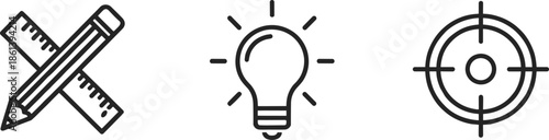 Business and creative line icons set featuring pencil with ruler lightbulb for idea and target for goal achievement and strategy