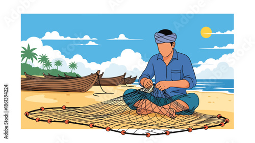 Modern vector illustration of traditional fisherman repairing fishing nets on sandy shore with boats and palm trees, heritage fishing culture and coastal livelihood concept