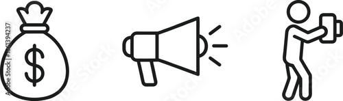 Business marketing and financial success icon set featuring a money bag with dollar sign, megaphone for advertising, and person with camera symbol.