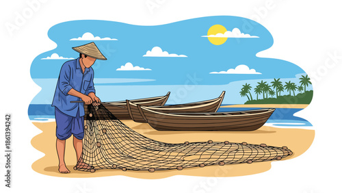 Modern vector illustration of traditional fisherman repairing fishing nets on sandy shore with boats and palm trees, heritage fishing culture and coastal livelihood concept