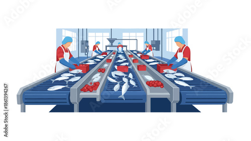 Modern vector illustration of seafood processing facility with workers sorting fish inside clean industrial space, fishery industry, food safety, and seafood production concept