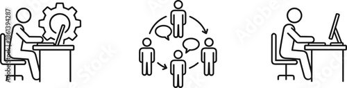 Business workflow and teamwork line icons set with person working at desk with gear communication between people and employee using computer workstation
