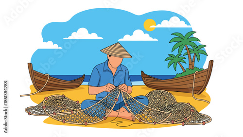 Modern vector illustration of traditional fisherman repairing fishing nets on sandy shore with boats and palm trees, heritage fishing culture and coastal livelihood concept