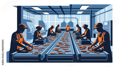 Modern vector illustration of seafood processing facility with workers sorting fish inside clean industrial space, fishery industry, food safety, and seafood production concept