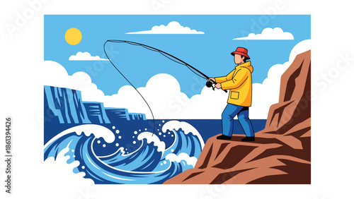 Modern vector illustration of fisherman fishing with rod from rocky coastline with waves and cliffs, artisanal fishing lifestyle and coastal leisure fishery concept