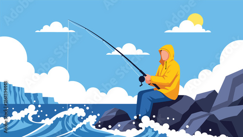 Modern vector illustration of fisherman fishing with rod from rocky coastline with waves and cliffs, artisanal fishing lifestyle and coastal leisure fishery concept